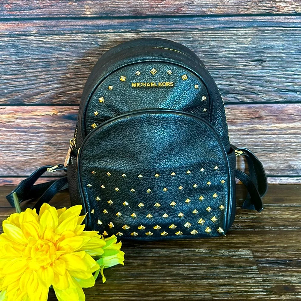 MICHAEL KORS Abbey Medium Studded Black Pebbled Leather Backpack!